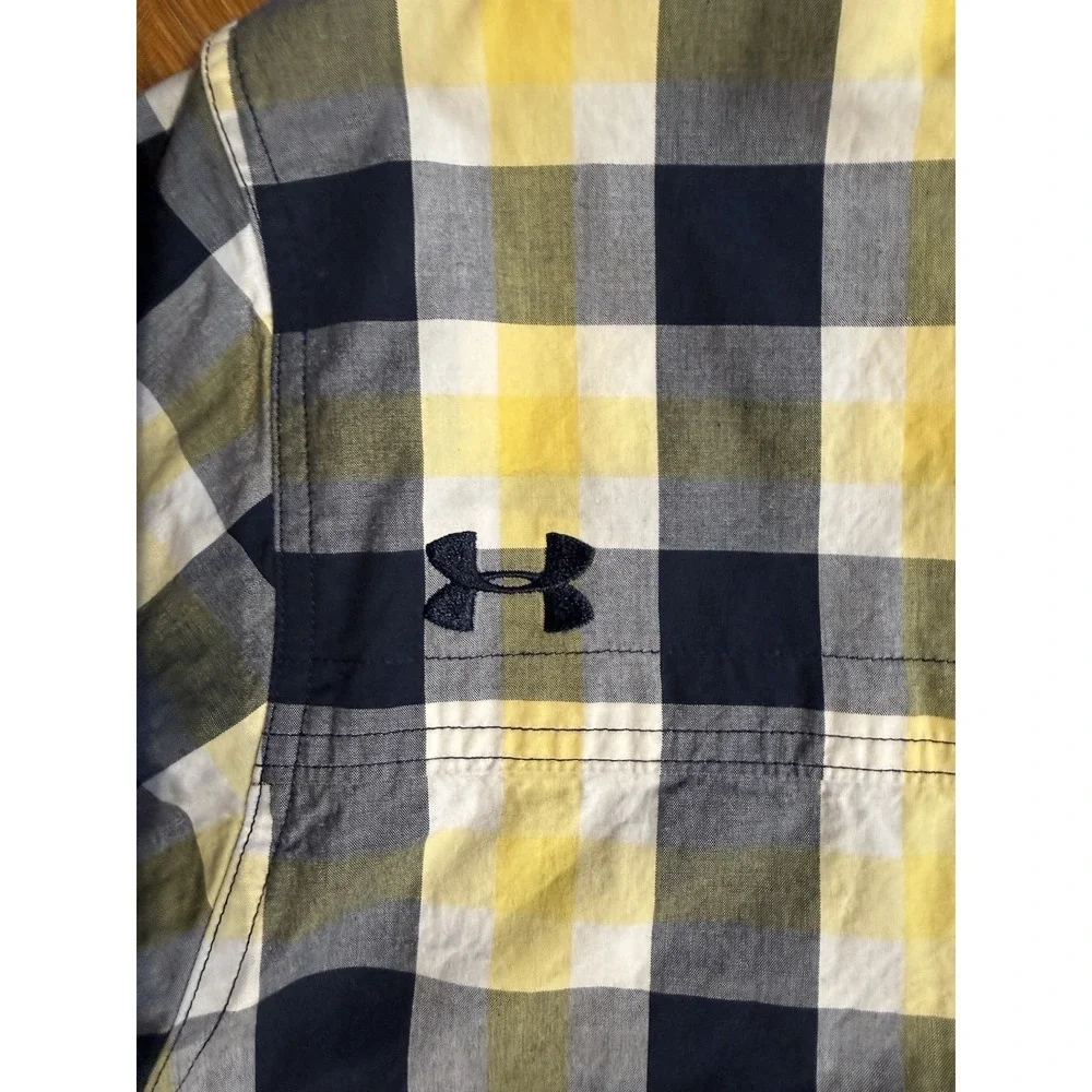 Under‎ Armour Shirt Men XXL Plaid Yellow Navy Short Sleeve Cotton